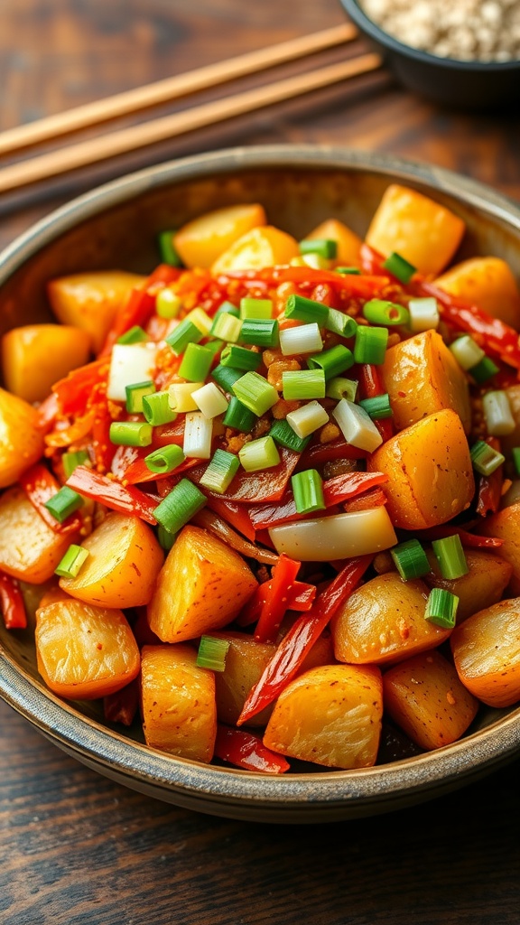A delicious kimchi potato stir-fry with golden potatoes and colorful kimchi garnished with green onions.